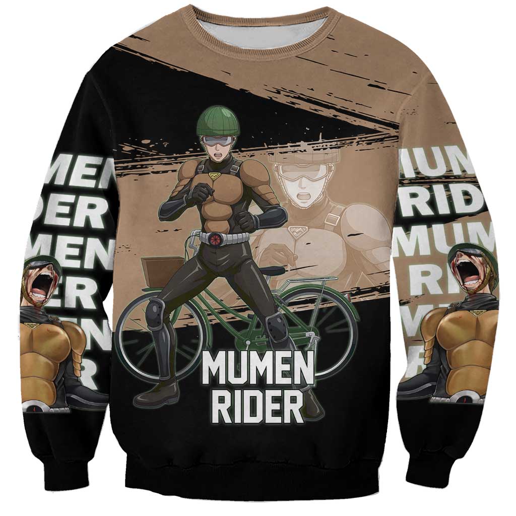 Mumen Rider One Punch Man Anime Brown and Black Sweatshirt with Bicycle Hero Pose and Inspirational Determination Design - The Mazicc