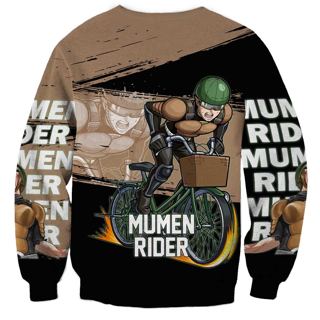Mumen Rider One Punch Man Anime Brown and Black Sweatshirt with Bicycle Hero Pose and Inspirational Determination Design - The Mazicc