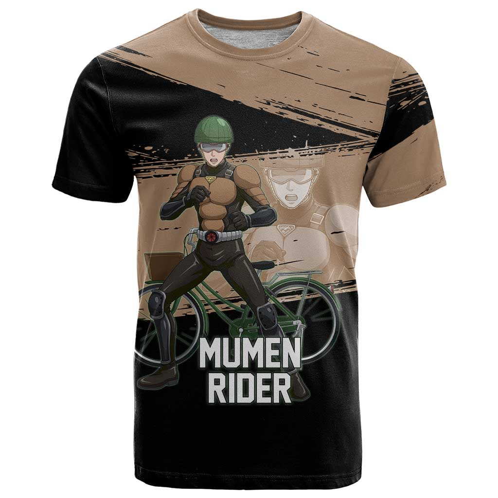 Mumen Rider One Punch Man Anime Brown and Black T Shirt with Bicycle Hero Pose and Inspirational Determination Design - The Mazicc