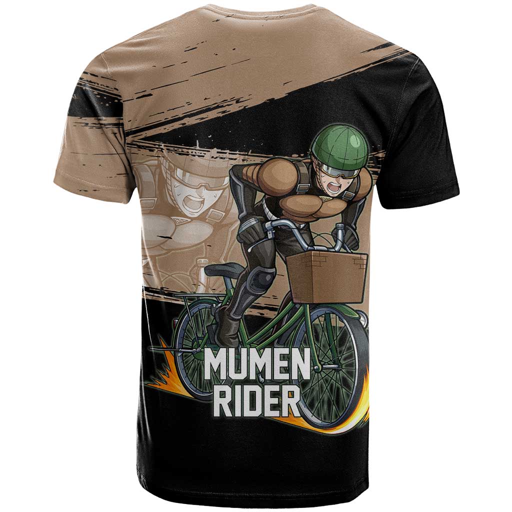 Mumen Rider One Punch Man Anime Brown and Black T Shirt with Bicycle Hero Pose and Inspirational Determination Design - The Mazicc
