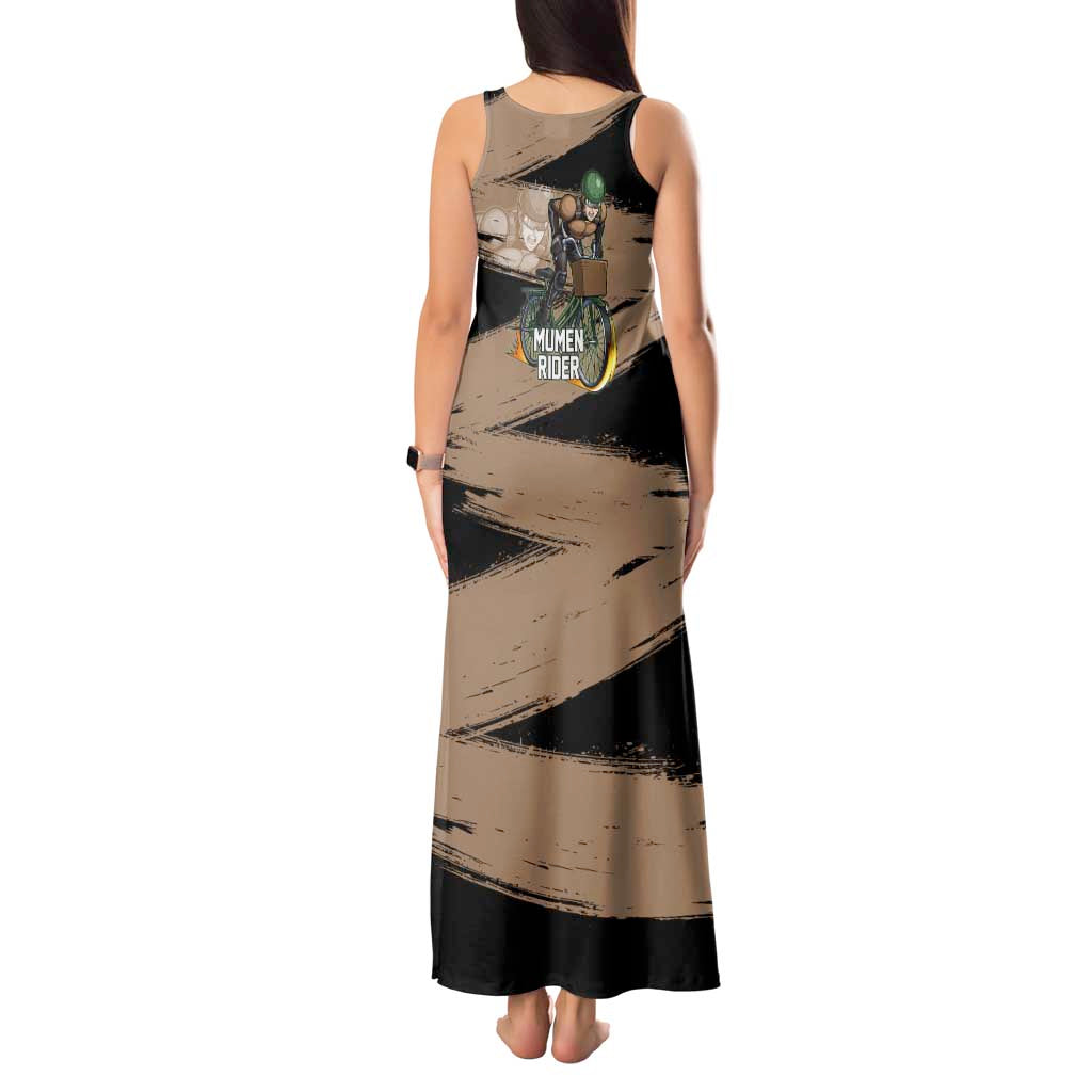 Mumen Rider One Punch Man Anime Brown and Black Tank Maxi Dress with Bicycle Hero Pose and Inspirational Determination Design - The Mazicc