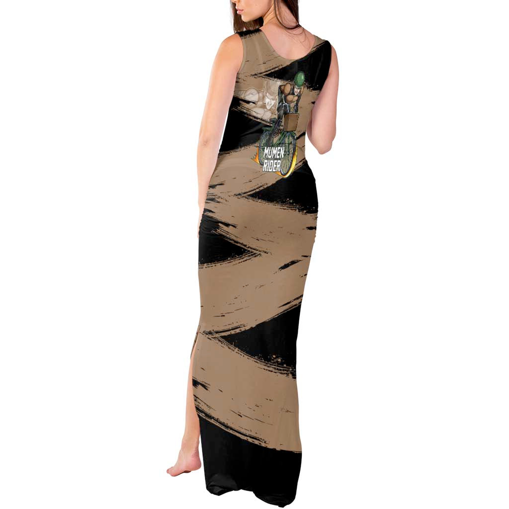 Mumen Rider One Punch Man Anime Brown and Black Tank Maxi Dress with Bicycle Hero Pose and Inspirational Determination Design - The Mazicc