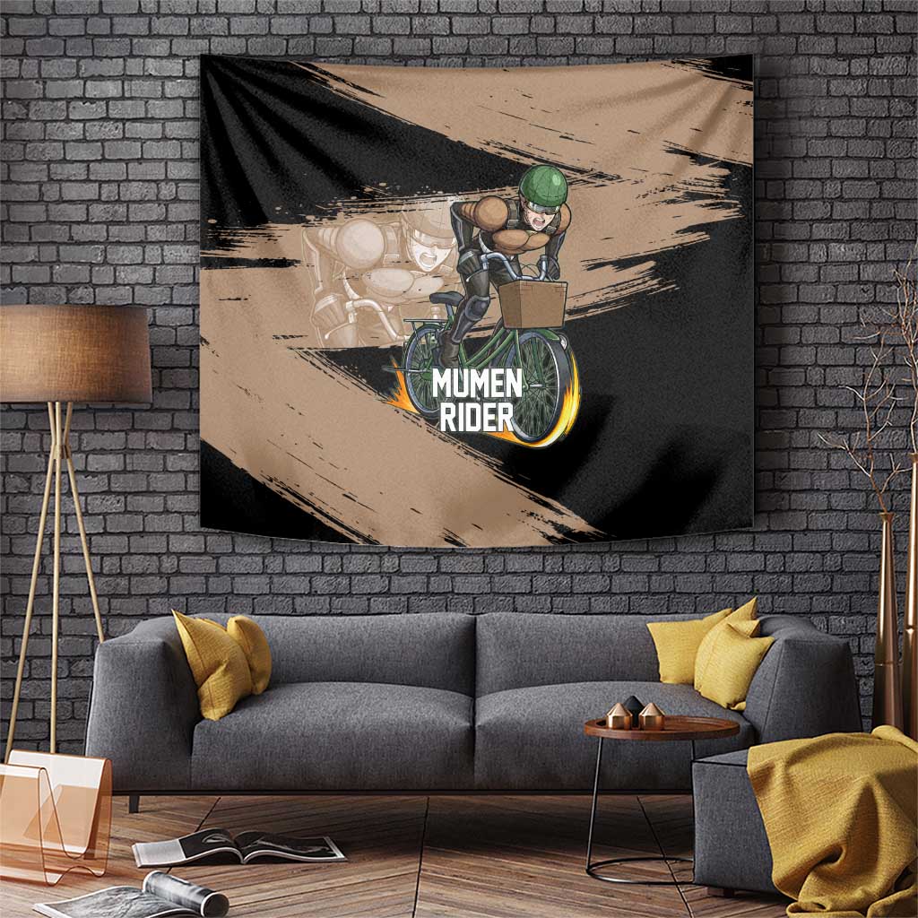 Mumen Rider One Punch Man Anime Brown and Black Tapestry with Bicycle Hero Pose and Inspirational Determination Design - The Mazicc