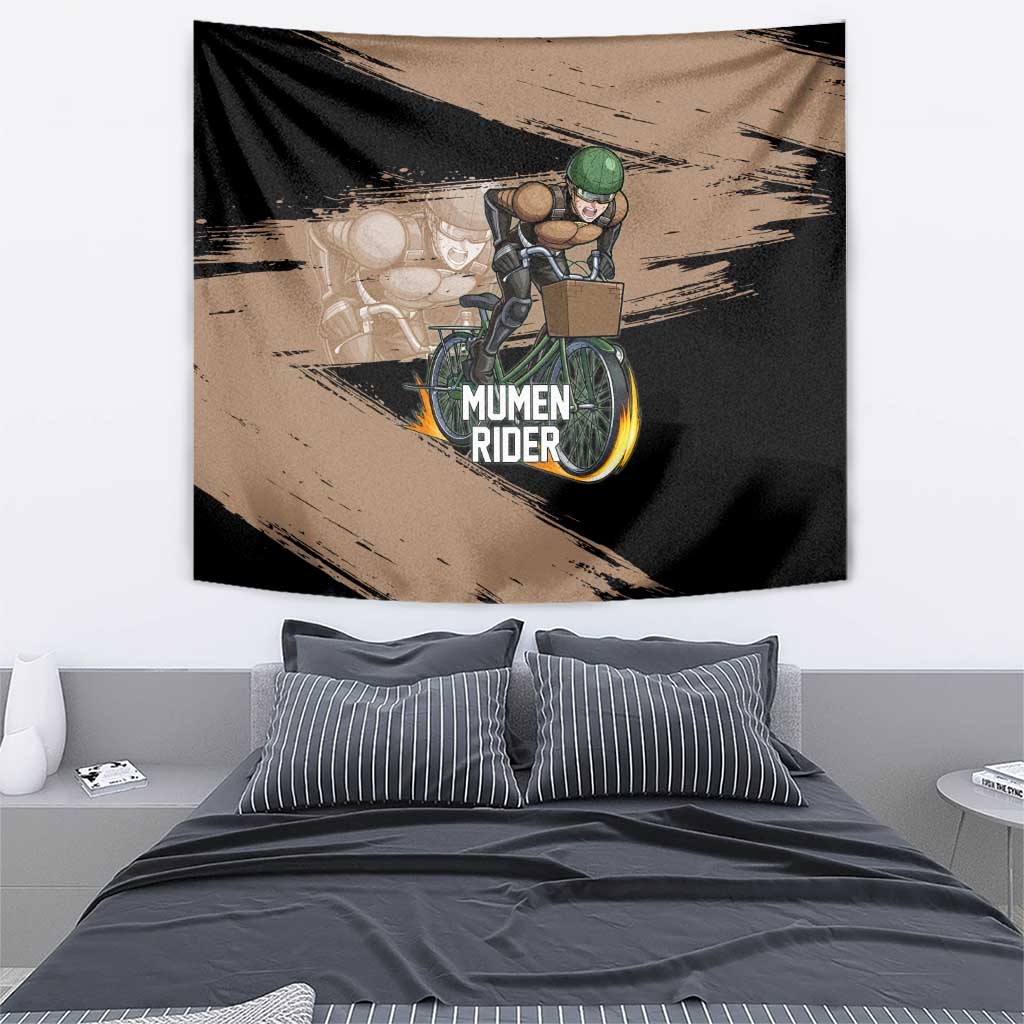 Mumen Rider One Punch Man Anime Brown and Black Tapestry with Bicycle Hero Pose and Inspirational Determination Design - The Mazicc