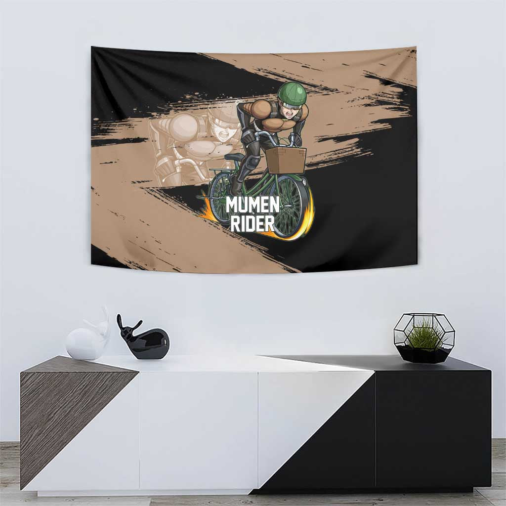 Mumen Rider One Punch Man Anime Brown and Black Tapestry with Bicycle Hero Pose and Inspirational Determination Design - The Mazicc