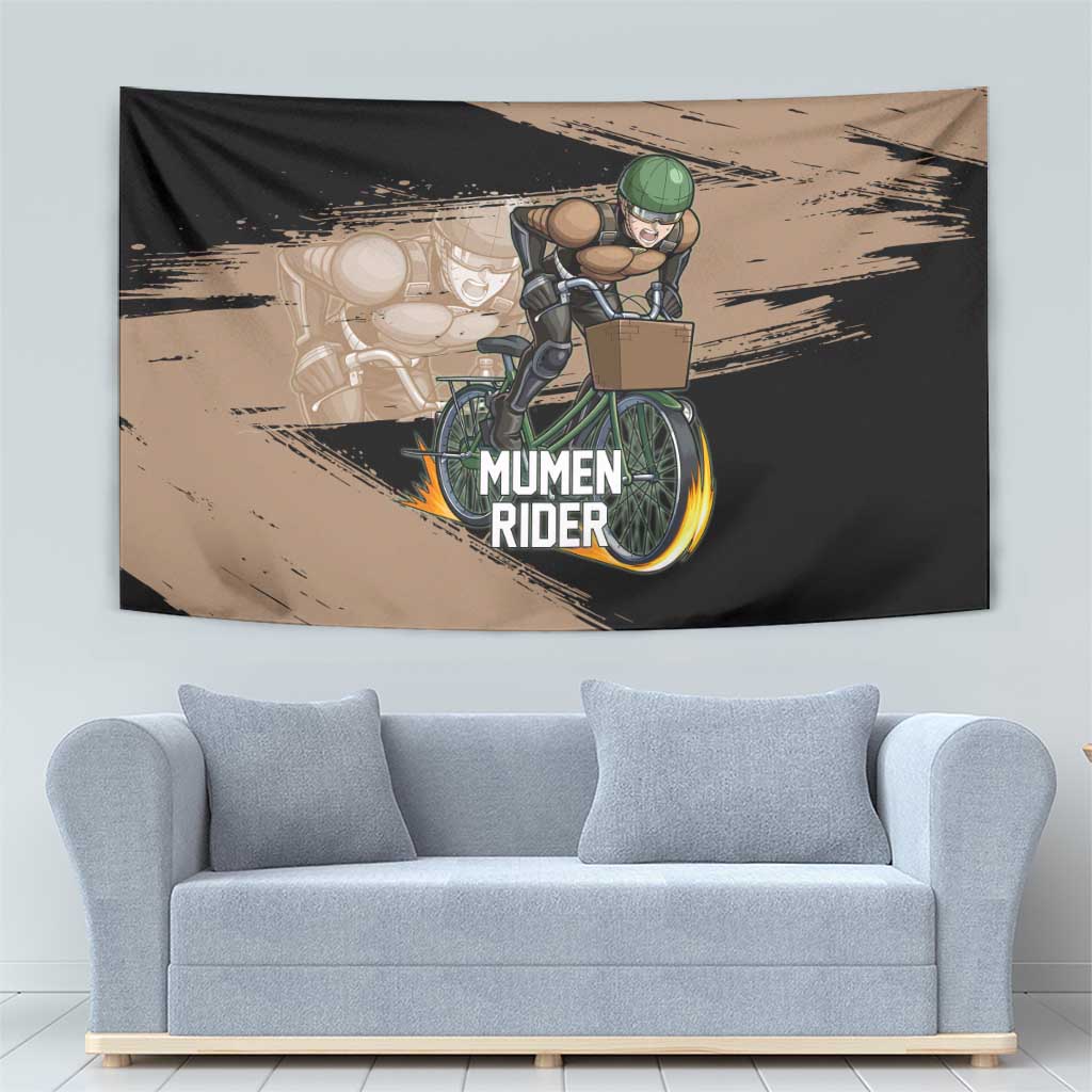 Mumen Rider One Punch Man Anime Brown and Black Tapestry with Bicycle Hero Pose and Inspirational Determination Design - The Mazicc