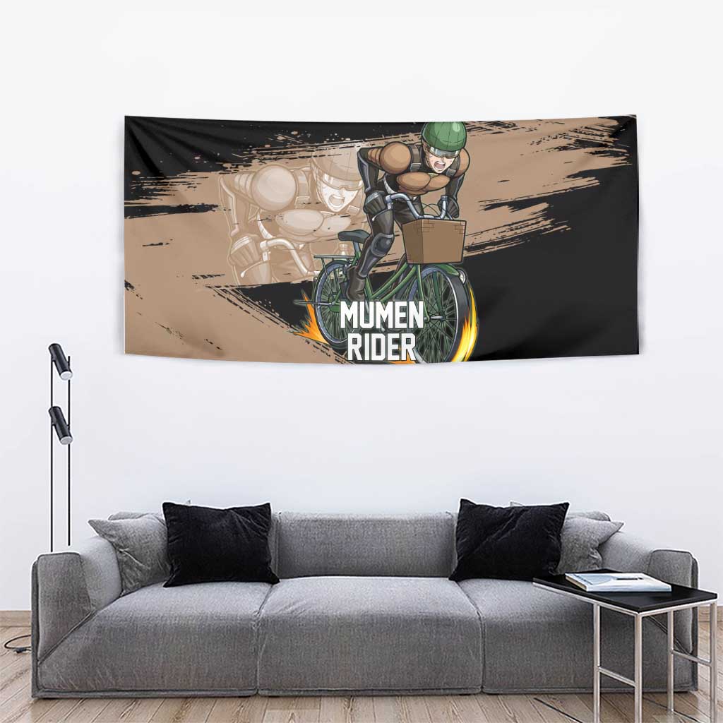 Mumen Rider One Punch Man Anime Brown and Black Tapestry with Bicycle Hero Pose and Inspirational Determination Design - The Mazicc
