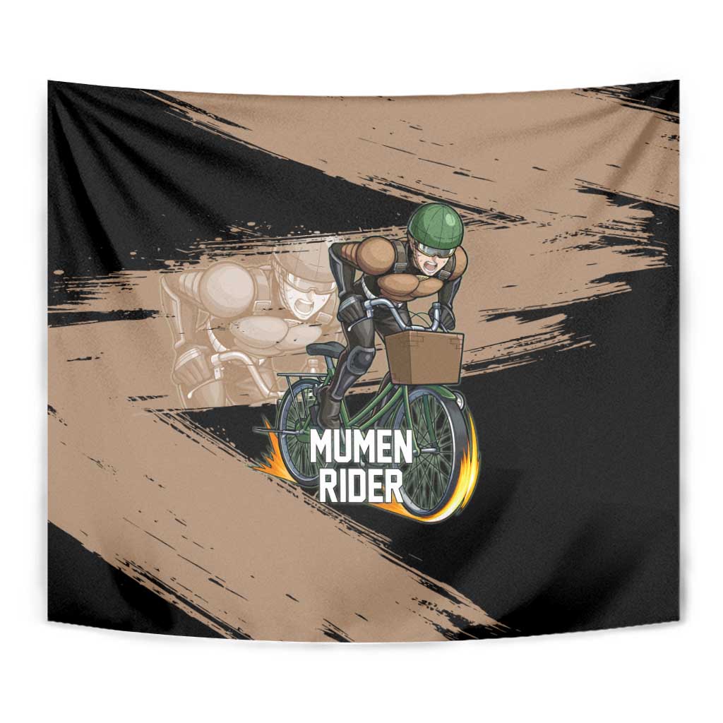 Mumen Rider One Punch Man Anime Brown and Black Tapestry with Bicycle Hero Pose and Inspirational Determination Design - The Mazicc