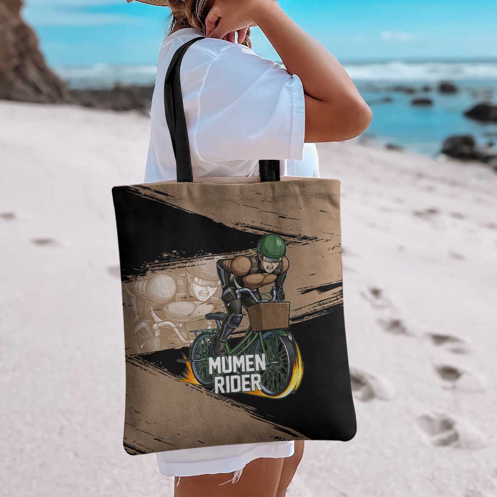 Mumen Rider One Punch Man Anime Brown and Black Tote Bag with Bicycle Hero Pose and Inspirational Determination Design - The Mazicc