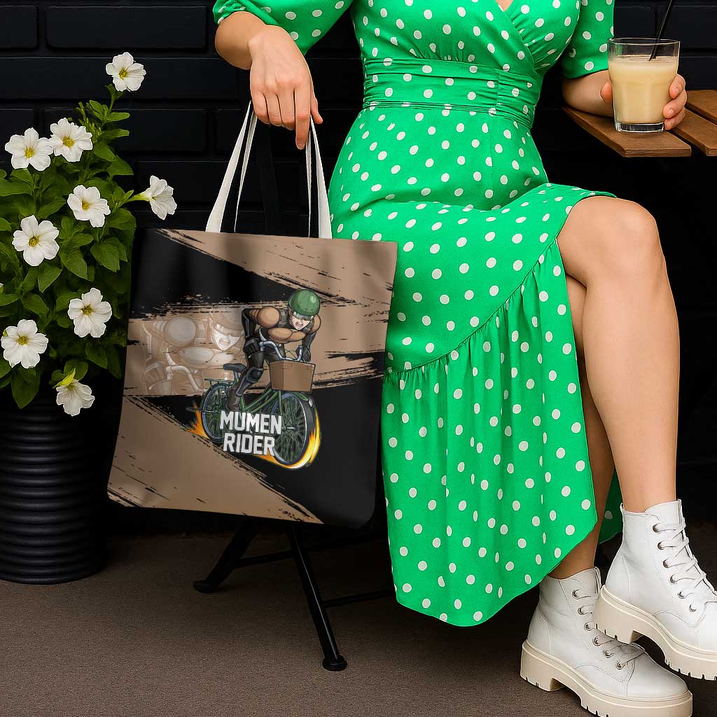 Mumen Rider One Punch Man Anime Brown and Black Tote Bag with Bicycle Hero Pose and Inspirational Determination Design - The Mazicc