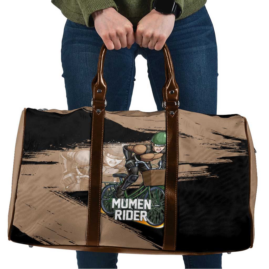 Mumen Rider One Punch Man Anime Brown and Black Travel Bag with Bicycle Hero Pose and Inspirational Determination Design - The Mazicc