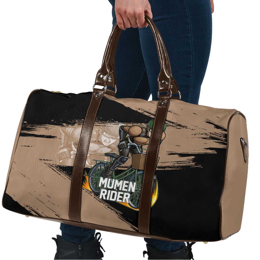 Mumen Rider One Punch Man Anime Brown and Black Travel Bag with Bicycle Hero Pose and Inspirational Determination Design - The Mazicc