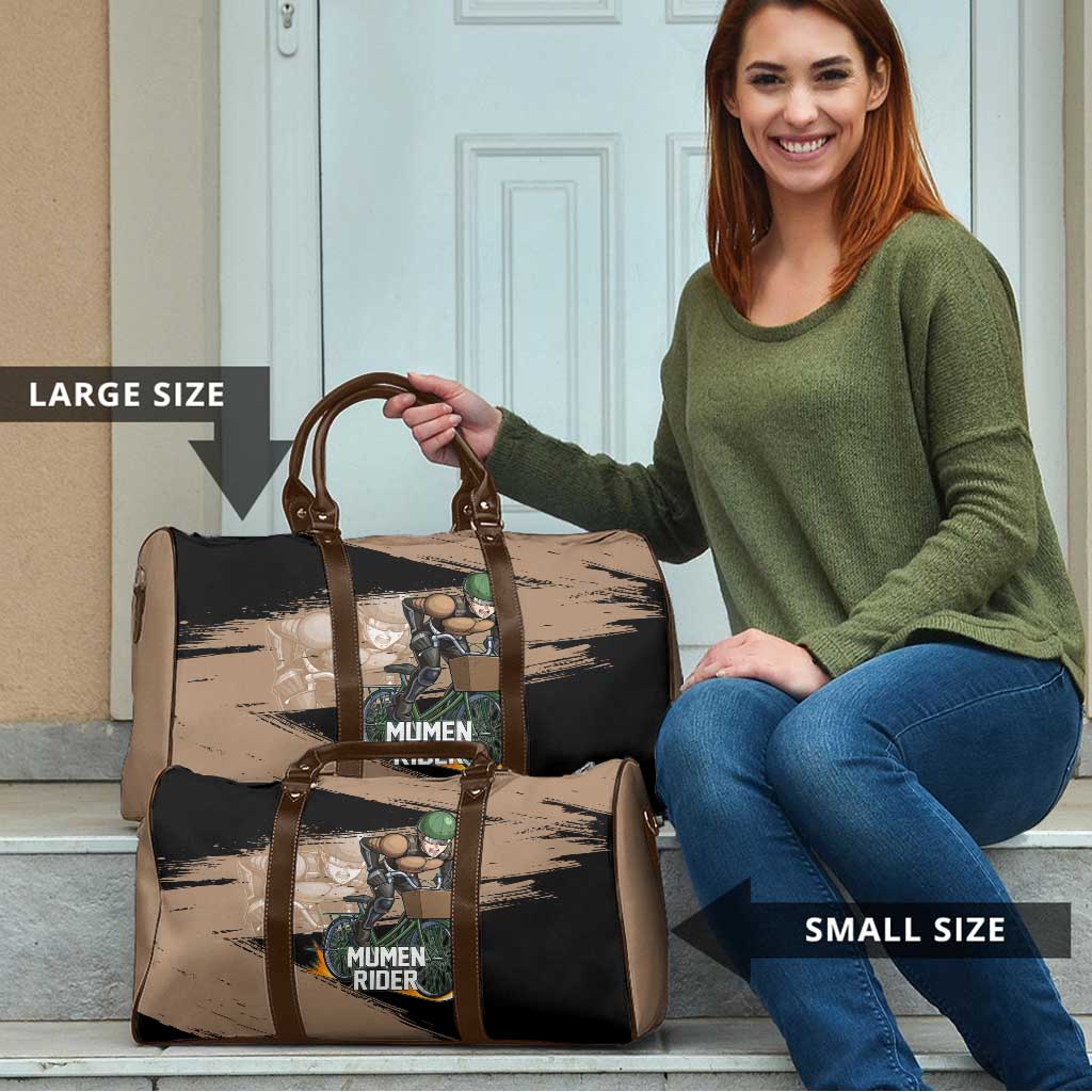 Mumen Rider One Punch Man Anime Brown and Black Travel Bag with Bicycle Hero Pose and Inspirational Determination Design - The Mazicc