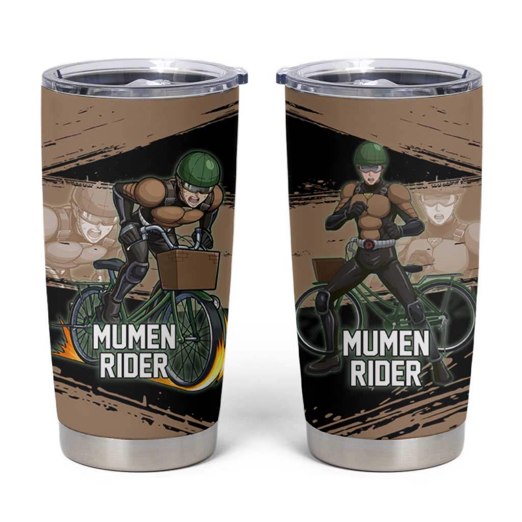 Mumen Rider One Punch Man Anime Brown and Black Tumbler Cup with Bicycle Hero Pose and Inspirational Determination Design - The Mazicc