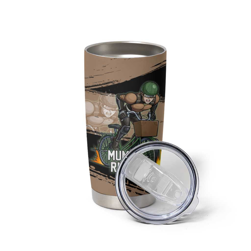 Mumen Rider One Punch Man Anime Brown and Black Tumbler Cup with Bicycle Hero Pose and Inspirational Determination Design - The Mazicc