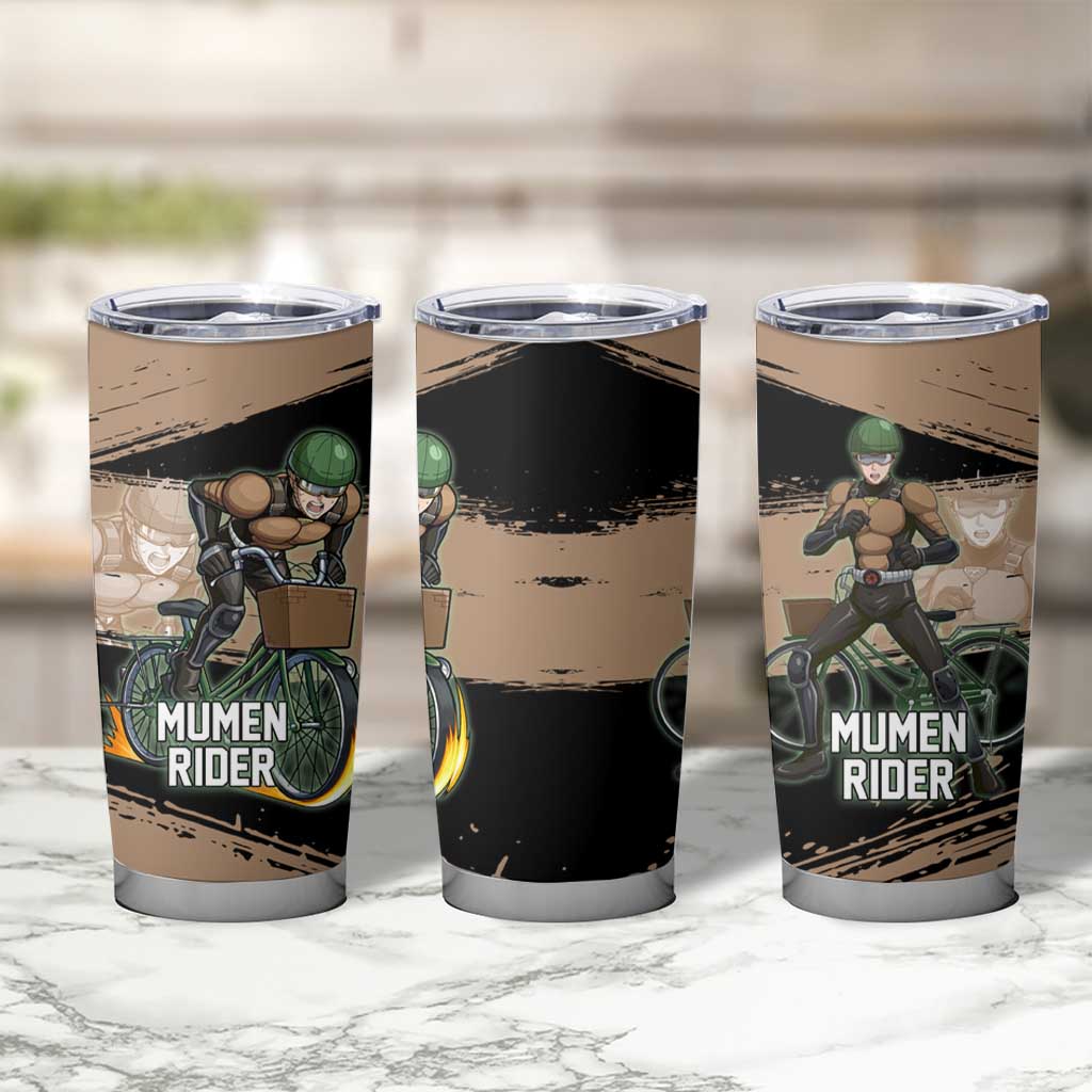 Mumen Rider One Punch Man Anime Brown and Black Tumbler Cup with Bicycle Hero Pose and Inspirational Determination Design - The Mazicc