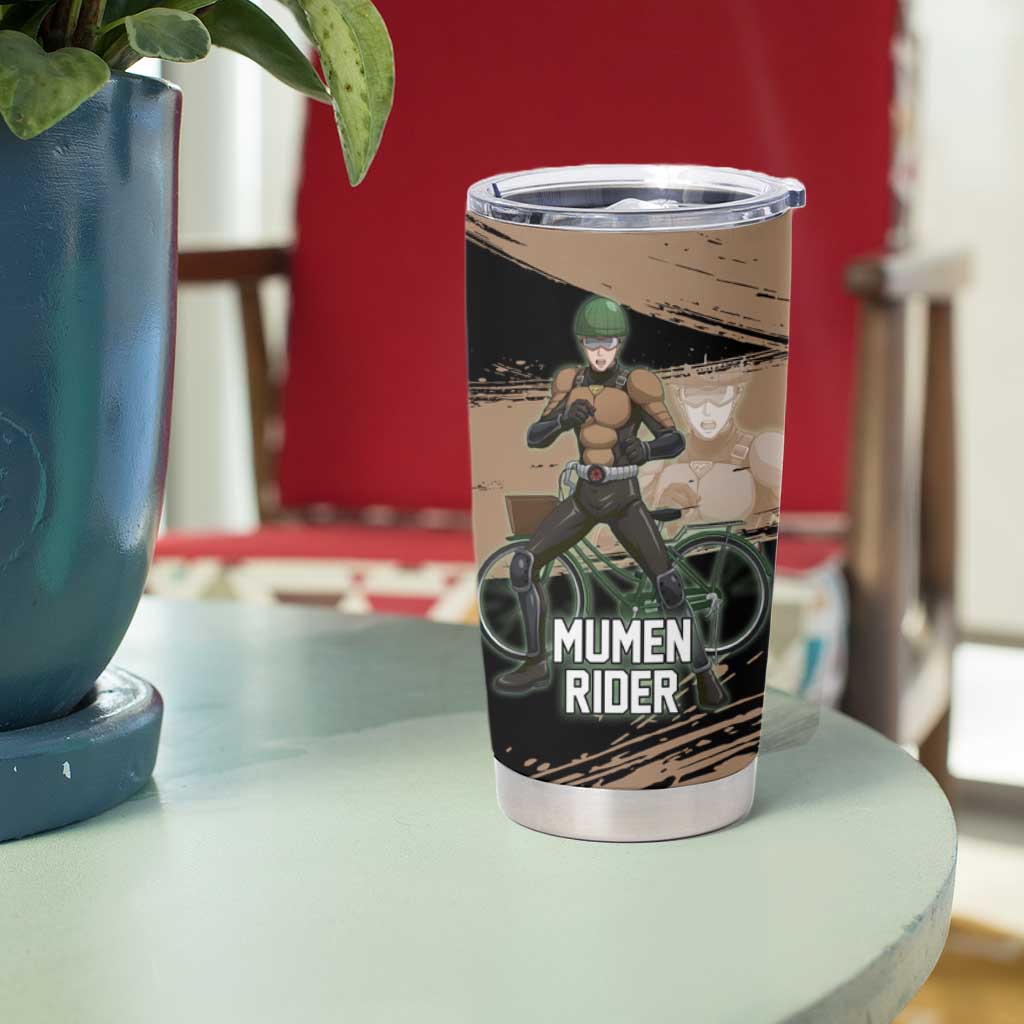 Mumen Rider One Punch Man Anime Brown and Black Tumbler Cup with Bicycle Hero Pose and Inspirational Determination Design - The Mazicc