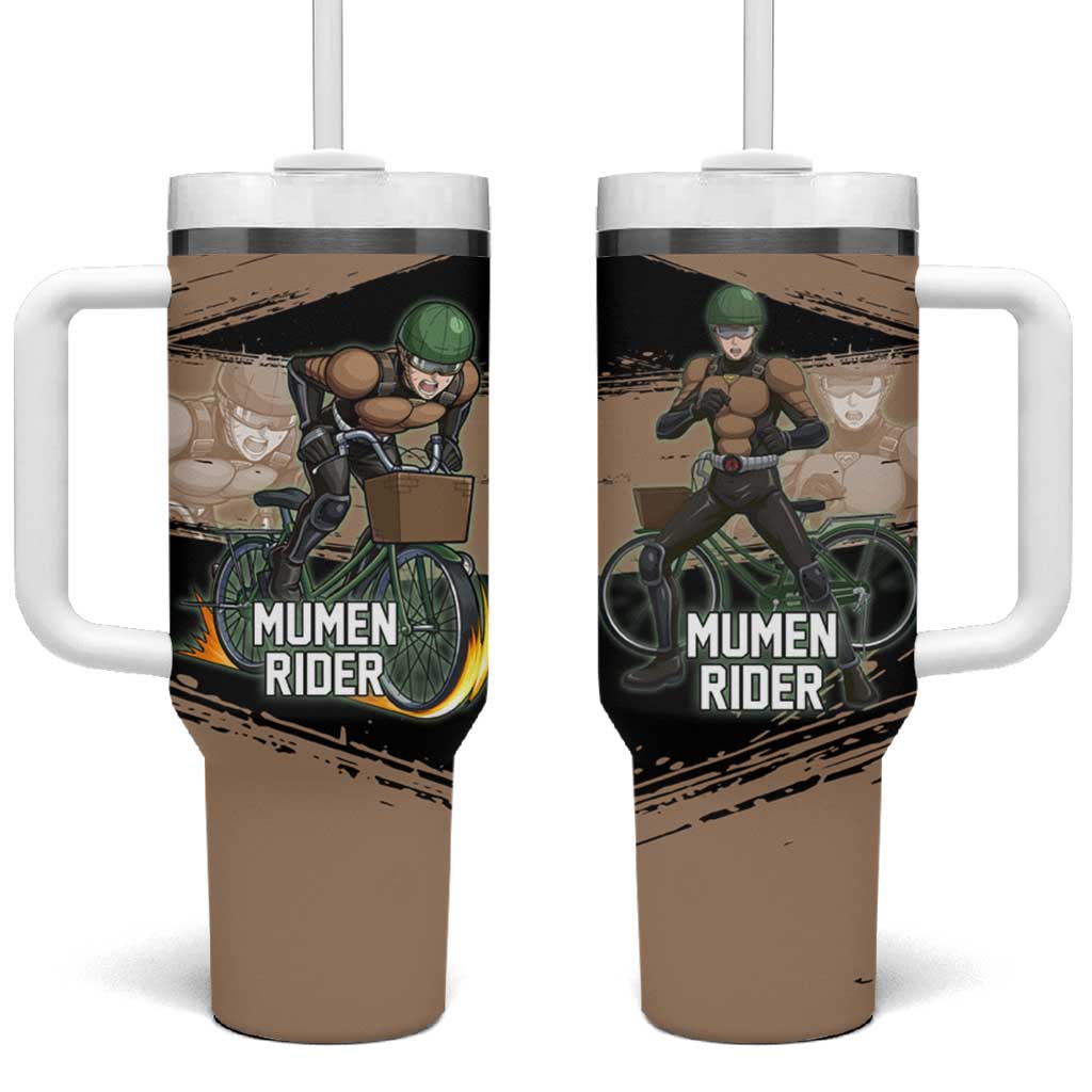 Mumen Rider One Punch Man Anime Brown and Black Tumbler With Handle with Bicycle Hero Pose and Inspirational Determination Design - The Mazicc