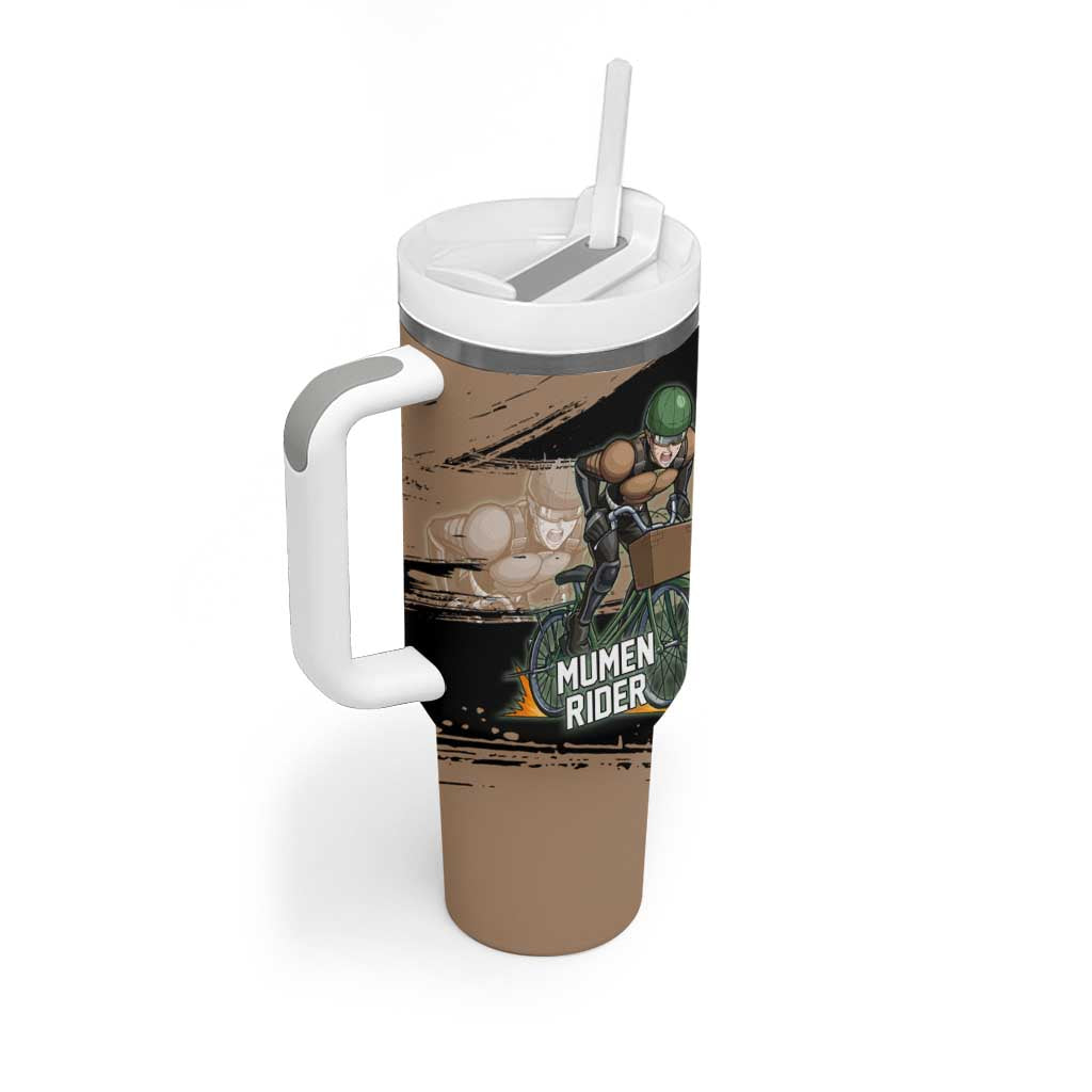 Mumen Rider One Punch Man Anime Brown and Black Tumbler With Handle with Bicycle Hero Pose and Inspirational Determination Design - The Mazicc