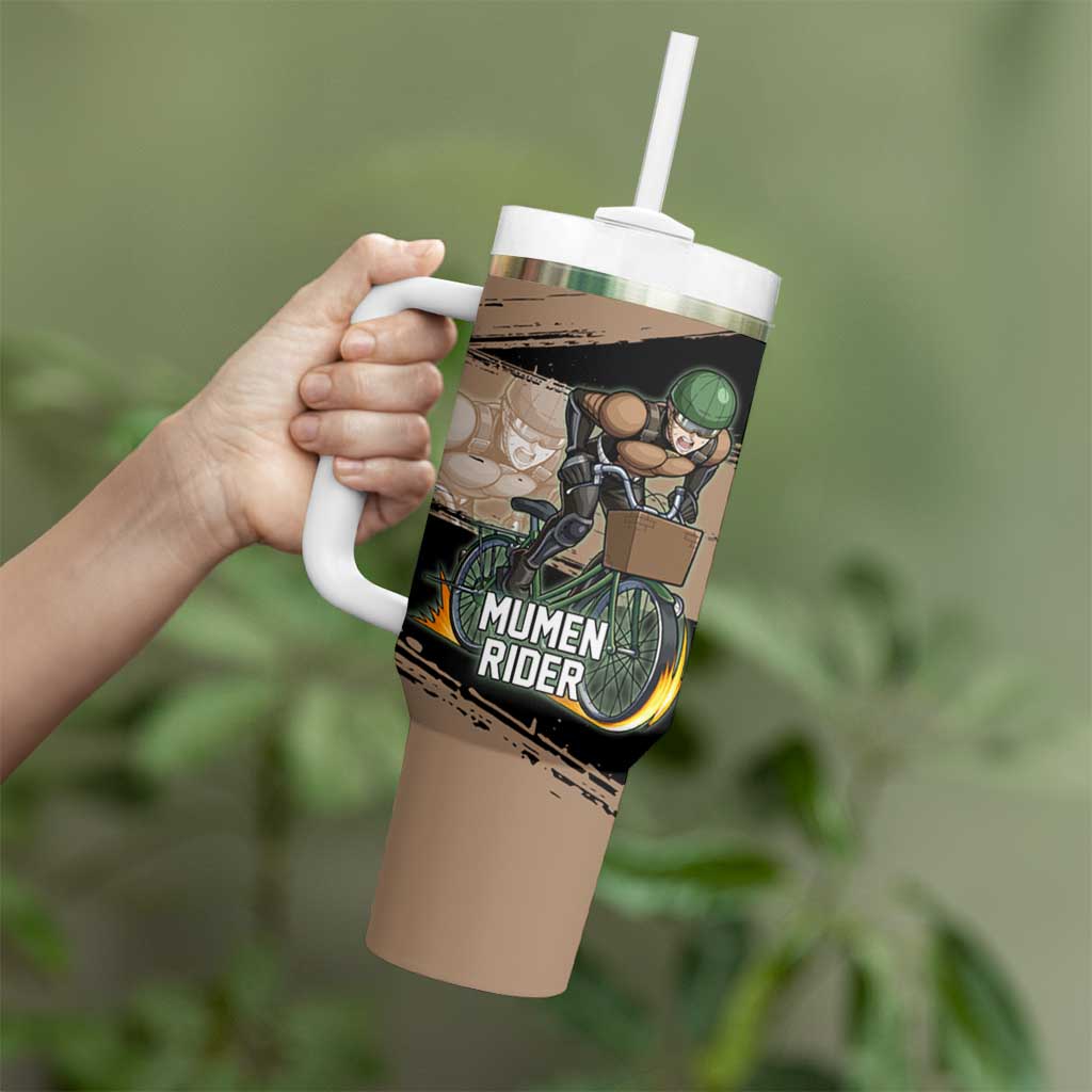 Mumen Rider One Punch Man Anime Brown and Black Tumbler With Handle with Bicycle Hero Pose and Inspirational Determination Design - The Mazicc