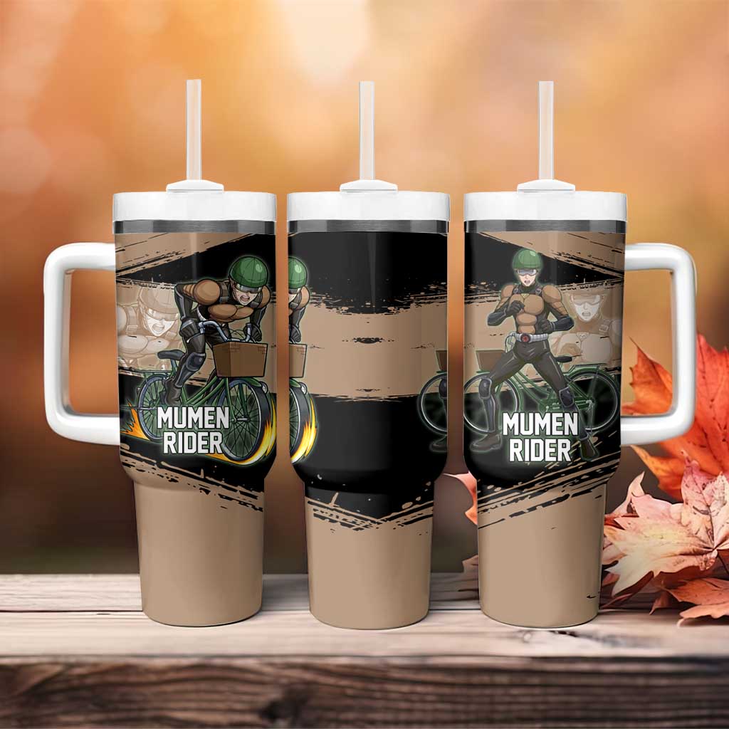 Mumen Rider One Punch Man Anime Brown and Black Tumbler With Handle with Bicycle Hero Pose and Inspirational Determination Design - The Mazicc