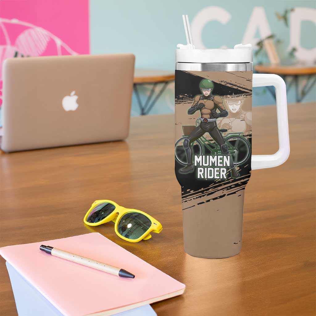 Mumen Rider One Punch Man Anime Brown and Black Tumbler With Handle with Bicycle Hero Pose and Inspirational Determination Design - The Mazicc
