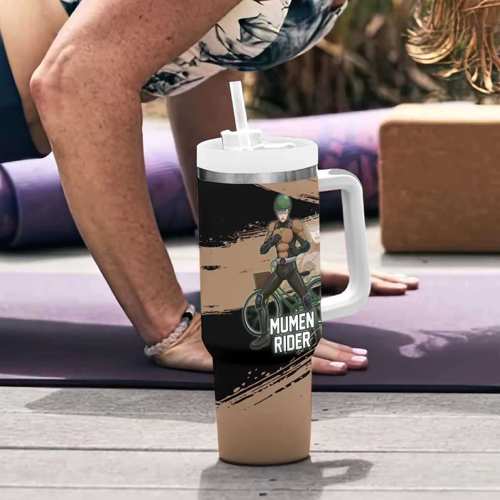 Mumen Rider One Punch Man Anime Brown and Black Tumbler With Handle with Bicycle Hero Pose and Inspirational Determination Design - The Mazicc