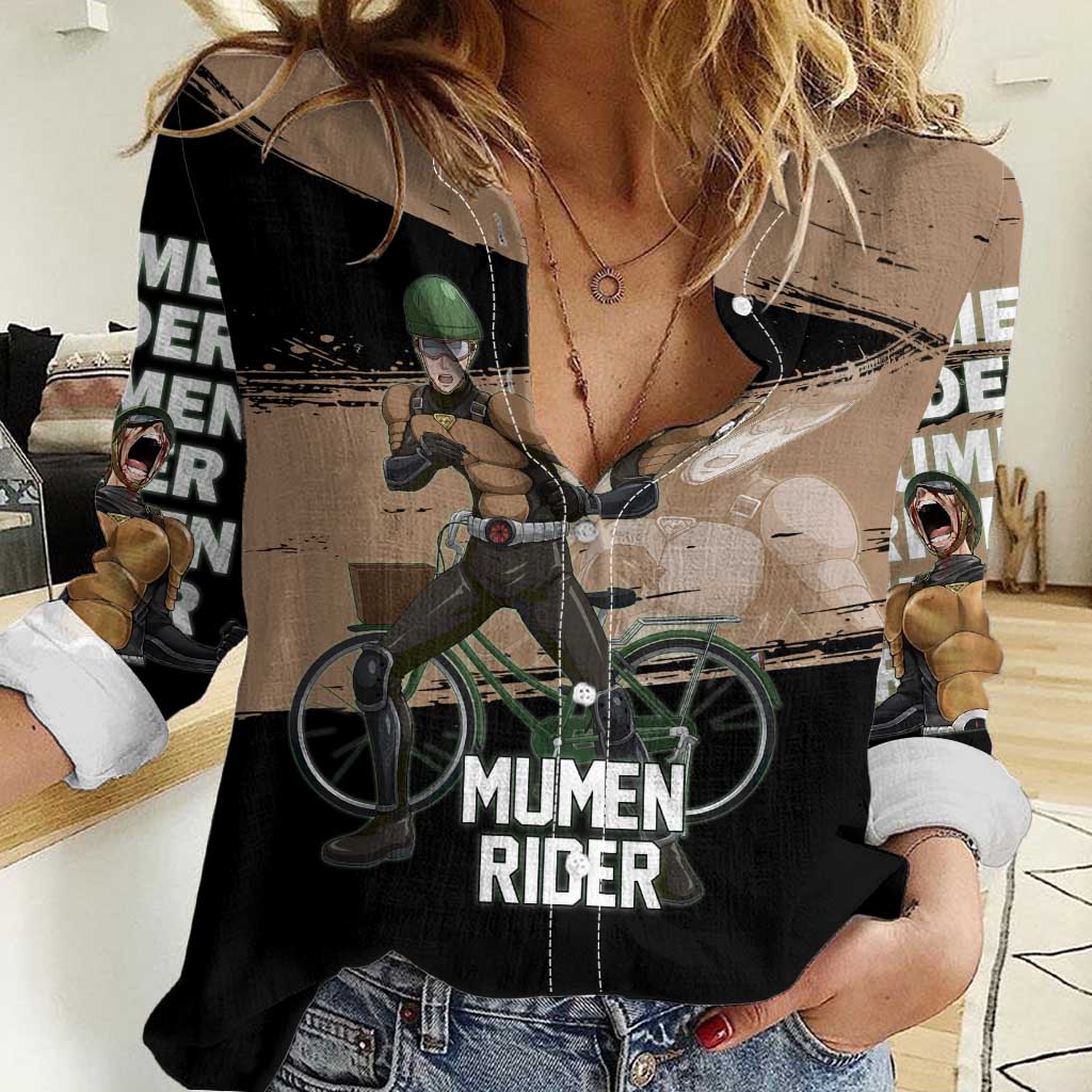 Mumen Rider One Punch Man Anime Brown and Black Women Casual Shirt with Bicycle Hero Pose and Inspirational Determination Design - The Mazicc