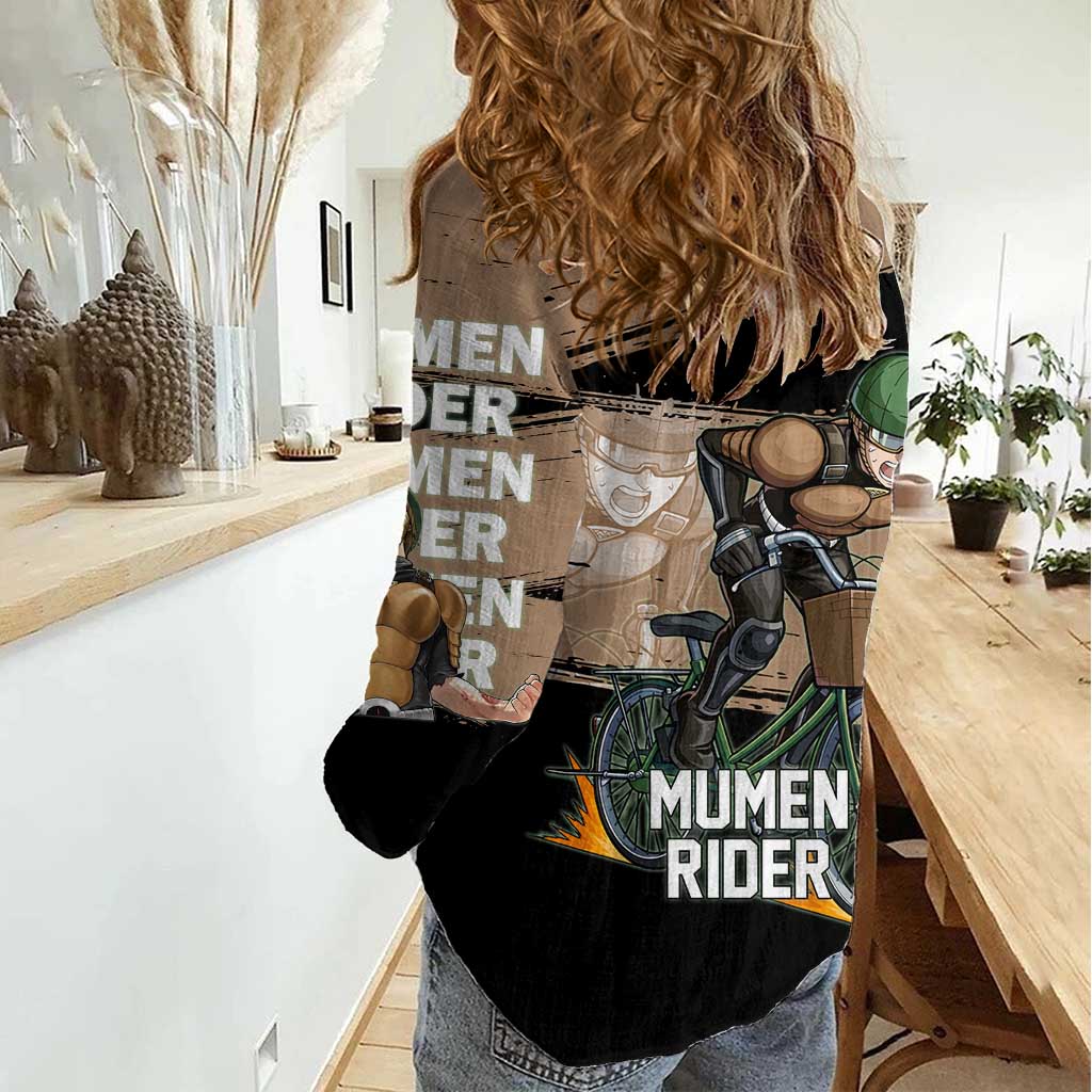 Mumen Rider One Punch Man Anime Brown and Black Women Casual Shirt with Bicycle Hero Pose and Inspirational Determination Design - The Mazicc
