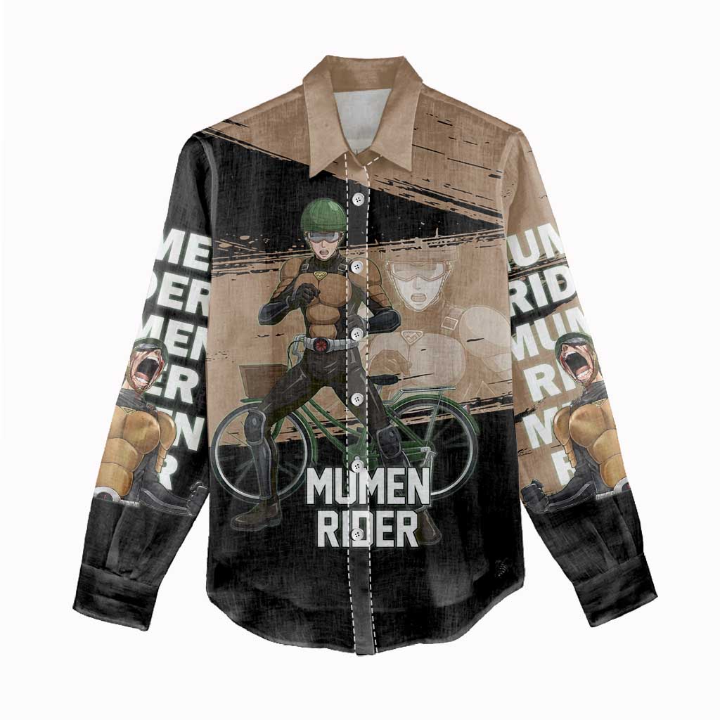 Mumen Rider One Punch Man Anime Brown and Black Women Casual Shirt with Bicycle Hero Pose and Inspirational Determination Design - The Mazicc