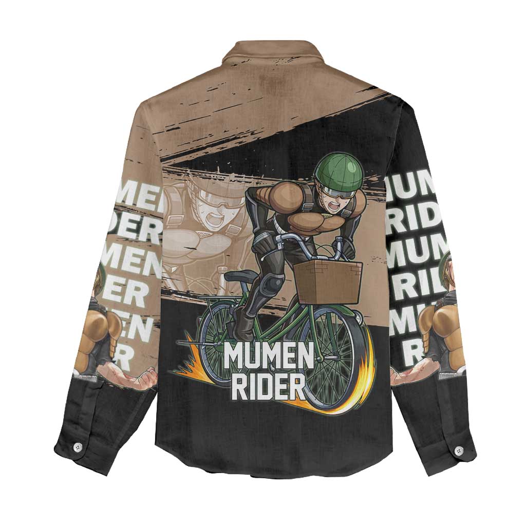 Mumen Rider One Punch Man Anime Brown and Black Women Casual Shirt with Bicycle Hero Pose and Inspirational Determination Design - The Mazicc