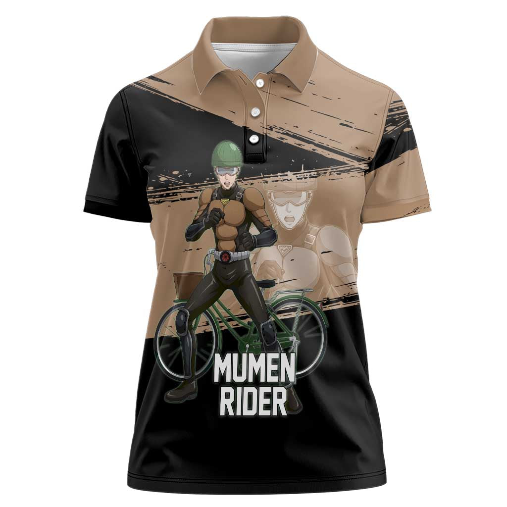 Mumen Rider One Punch Man Anime Brown and Black Women Polo Shirt with Bicycle Hero Pose and Inspirational Determination Design - The Mazicc