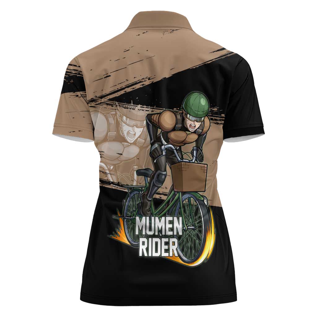 Mumen Rider One Punch Man Anime Brown and Black Women Polo Shirt with Bicycle Hero Pose and Inspirational Determination Design - The Mazicc