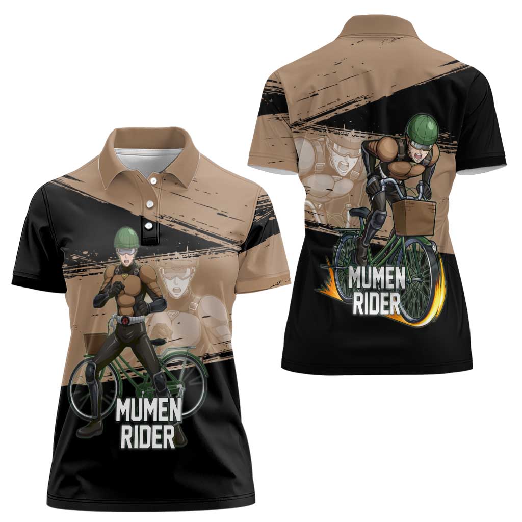 Mumen Rider One Punch Man Anime Brown and Black Women Polo Shirt with Bicycle Hero Pose and Inspirational Determination Design - The Mazicc