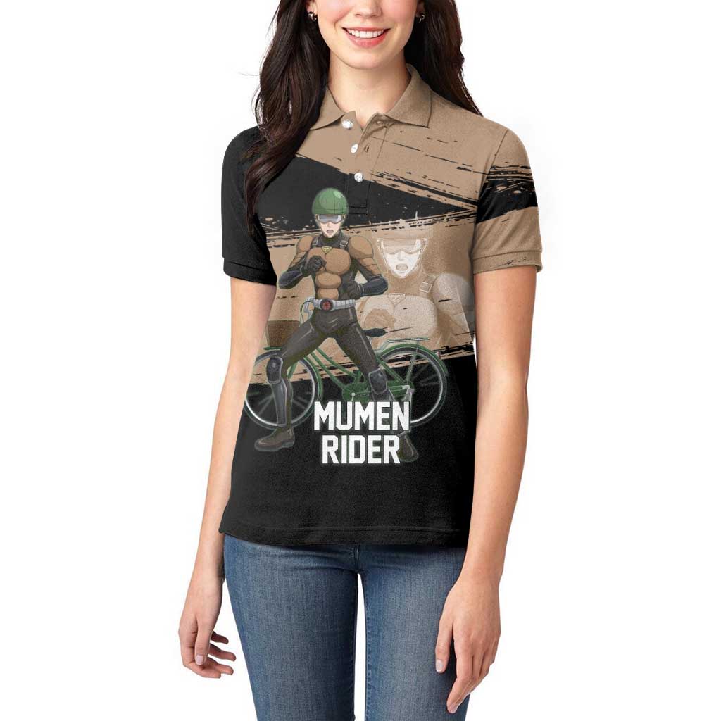 Mumen Rider One Punch Man Anime Brown and Black Women Polo Shirt with Bicycle Hero Pose and Inspirational Determination Design - The Mazicc