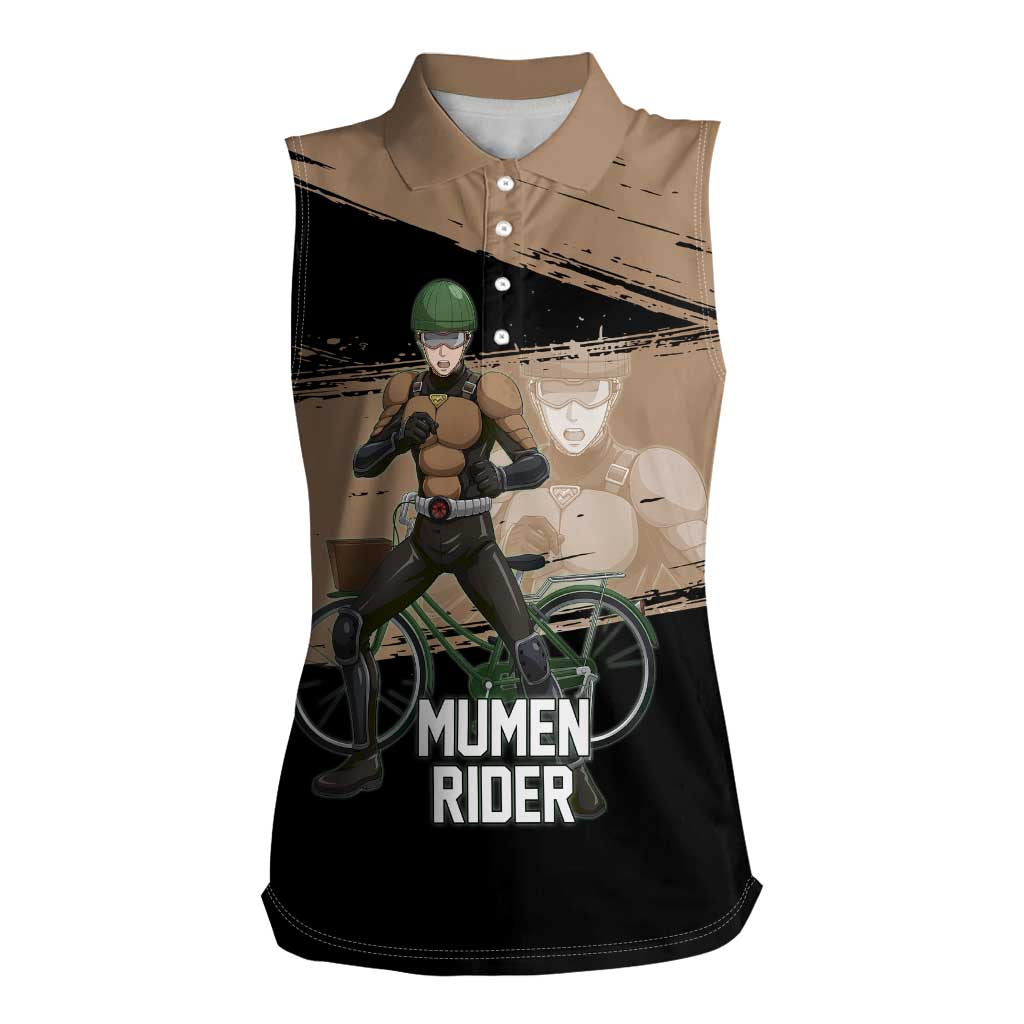 Mumen Rider One Punch Man Anime Brown and Black Women Sleeveless Polo Shirt with Bicycle Hero Pose and Inspirational Determination Design - The Mazicc