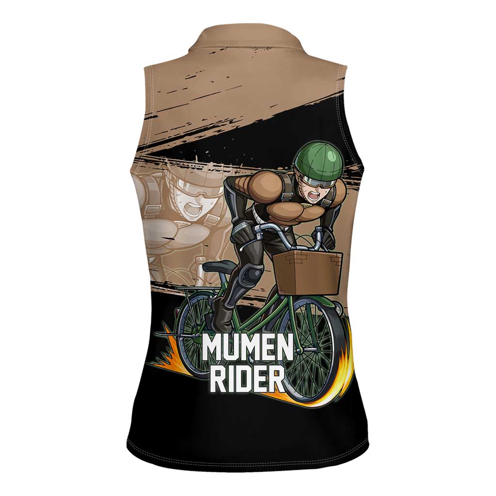 Mumen Rider One Punch Man Anime Brown and Black Women Sleeveless Polo Shirt with Bicycle Hero Pose and Inspirational Determination Design - The Mazicc
