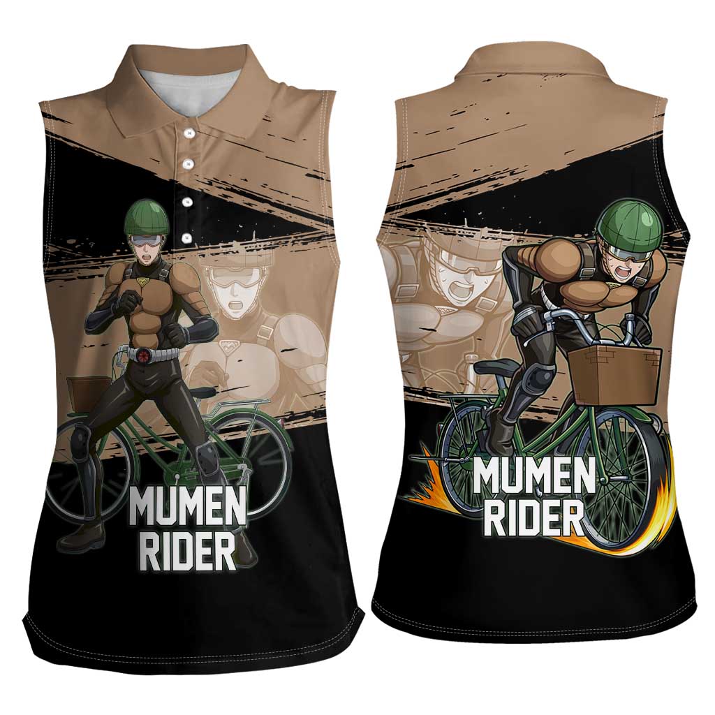 Mumen Rider One Punch Man Anime Brown and Black Women Sleeveless Polo Shirt with Bicycle Hero Pose and Inspirational Determination Design - The Mazicc