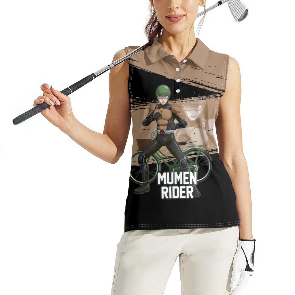 Mumen Rider One Punch Man Anime Brown and Black Women Sleeveless Polo Shirt with Bicycle Hero Pose and Inspirational Determination Design - The Mazicc