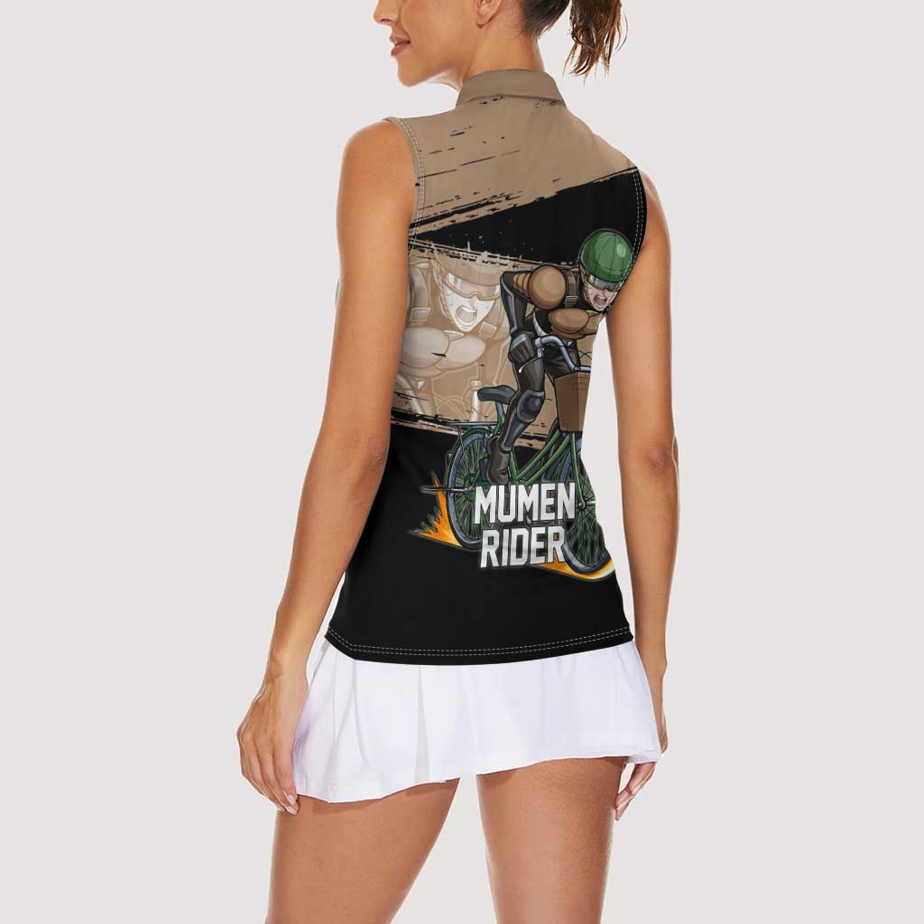 Mumen Rider One Punch Man Anime Brown and Black Women Sleeveless Polo Shirt with Bicycle Hero Pose and Inspirational Determination Design - The Mazicc