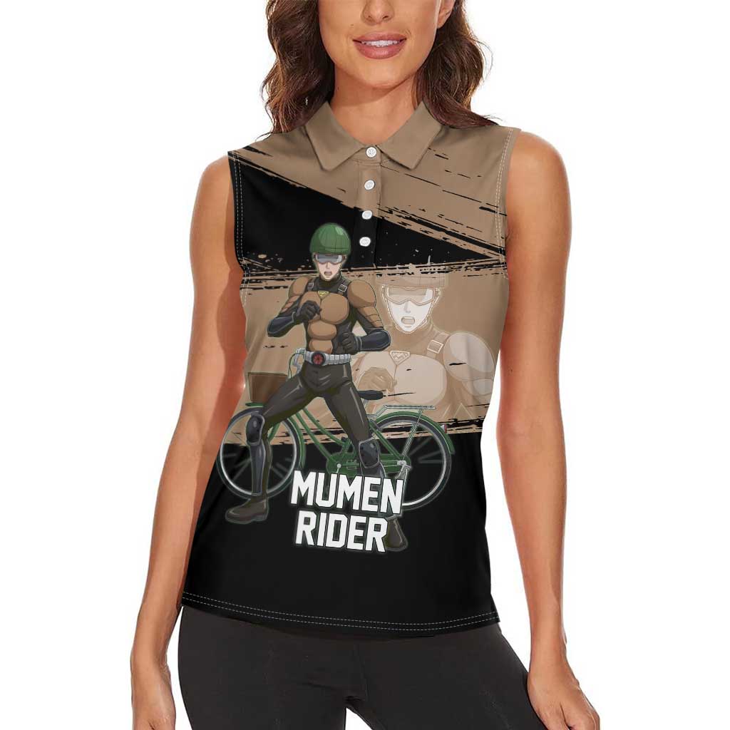 Mumen Rider One Punch Man Anime Brown and Black Women Sleeveless Polo Shirt with Bicycle Hero Pose and Inspirational Determination Design - The Mazicc