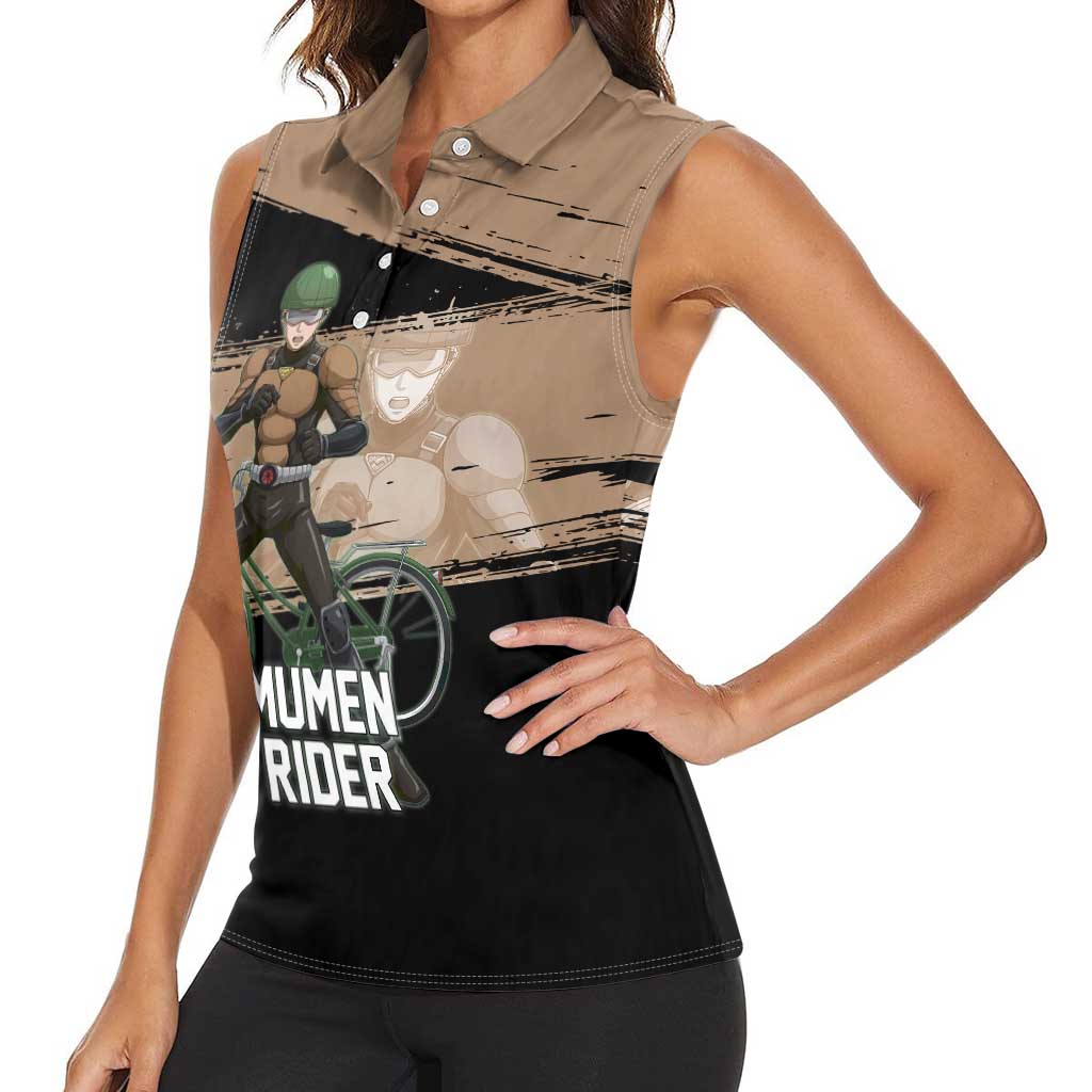 Mumen Rider One Punch Man Anime Brown and Black Women Sleeveless Polo Shirt with Bicycle Hero Pose and Inspirational Determination Design - The Mazicc