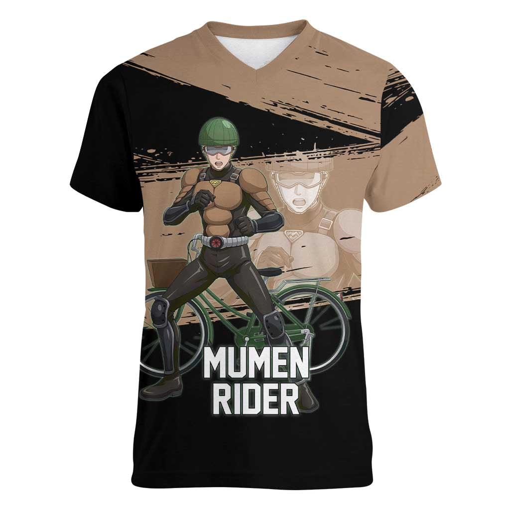 Mumen Rider One Punch Man Anime Brown and Black Women V-Neck T-Shirt with Bicycle Hero Pose and Inspirational Determination Design - The Mazicc