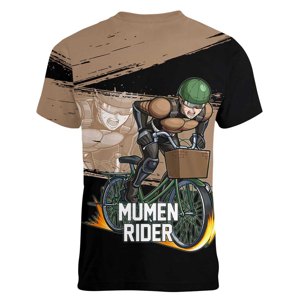 Mumen Rider One Punch Man Anime Brown and Black Women V-Neck T-Shirt with Bicycle Hero Pose and Inspirational Determination Design - The Mazicc
