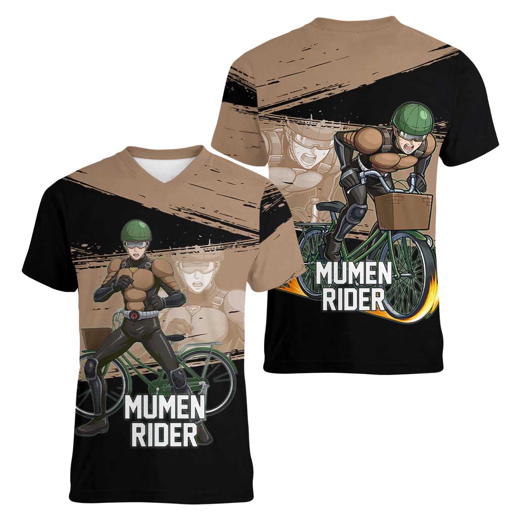 Mumen Rider One Punch Man Anime Brown and Black Women V-Neck T-Shirt with Bicycle Hero Pose and Inspirational Determination Design - The Mazicc