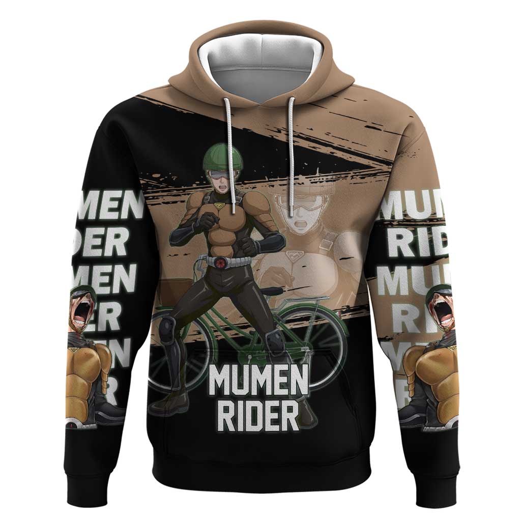 Mumen Rider One Punch Man Anime Brown and Black Zip Hoodie with Bicycle Hero Pose and Inspirational Determination Design - The Mazicc
