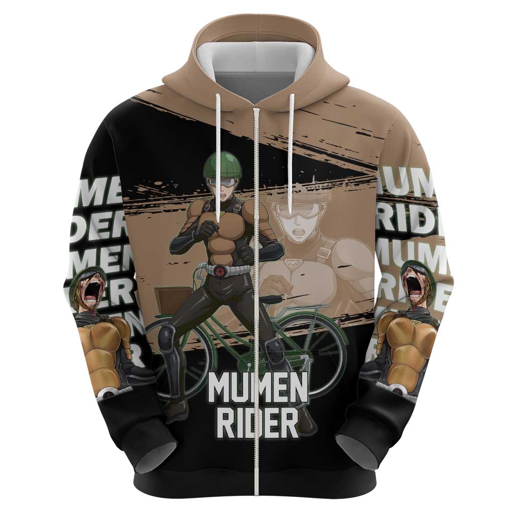 Mumen Rider One Punch Man Anime Brown and Black Zip Hoodie with Bicycle Hero Pose and Inspirational Determination Design - The Mazicc