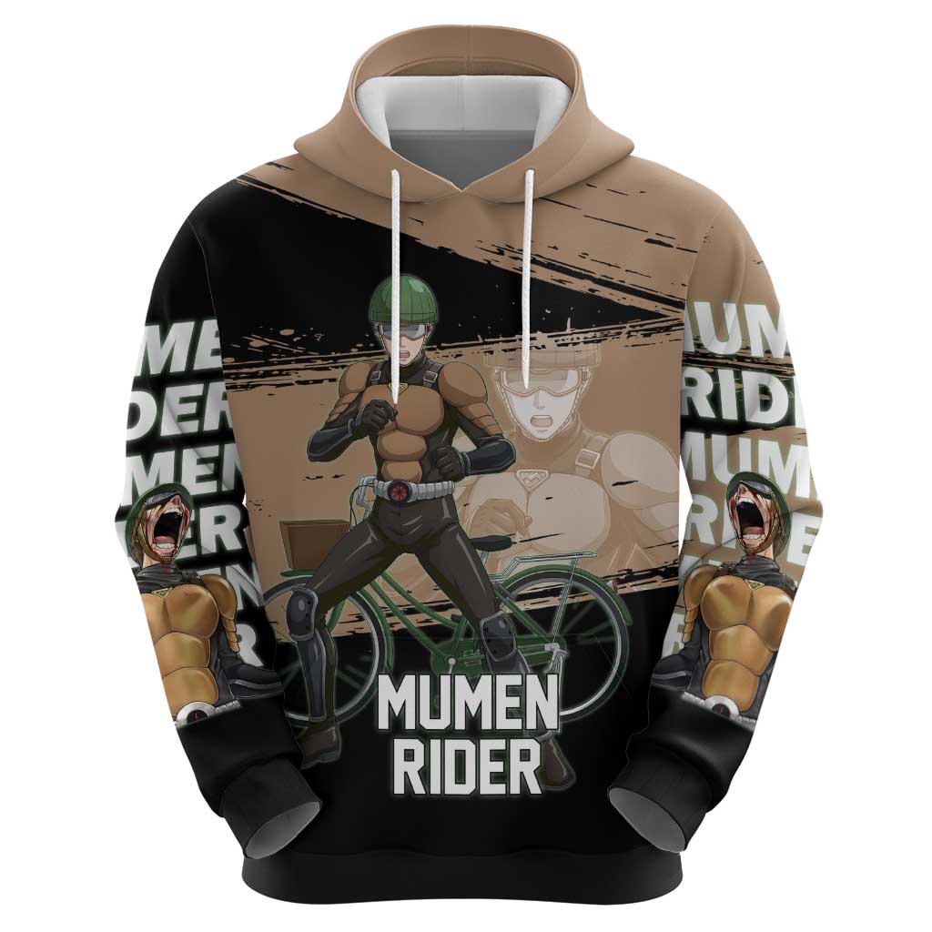 Mumen Rider One Punch Man Anime Brown and Black Zip Hoodie with Bicycle Hero Pose and Inspirational Determination Design - The Mazicc