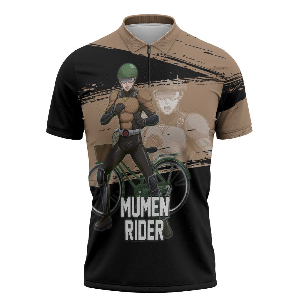 Mumen Rider One Punch Man Anime Brown and Black Zipper Polo Shirt with Bicycle Hero Pose and Inspirational Determination Design - The Mazicc