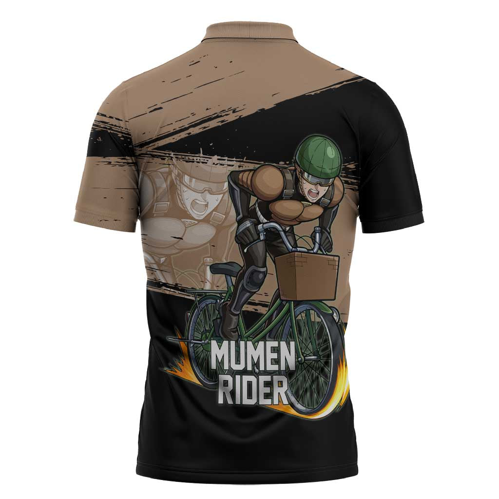 Mumen Rider One Punch Man Anime Brown and Black Zipper Polo Shirt with Bicycle Hero Pose and Inspirational Determination Design - The Mazicc